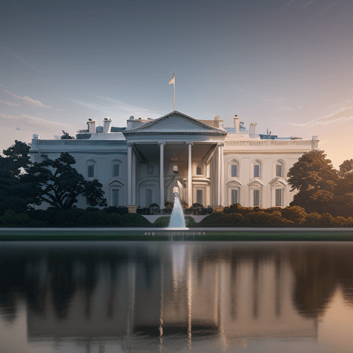 AI generated: Photo of White House architecture, sunrise, cinematic lighting, battered, low angle, trending on art...