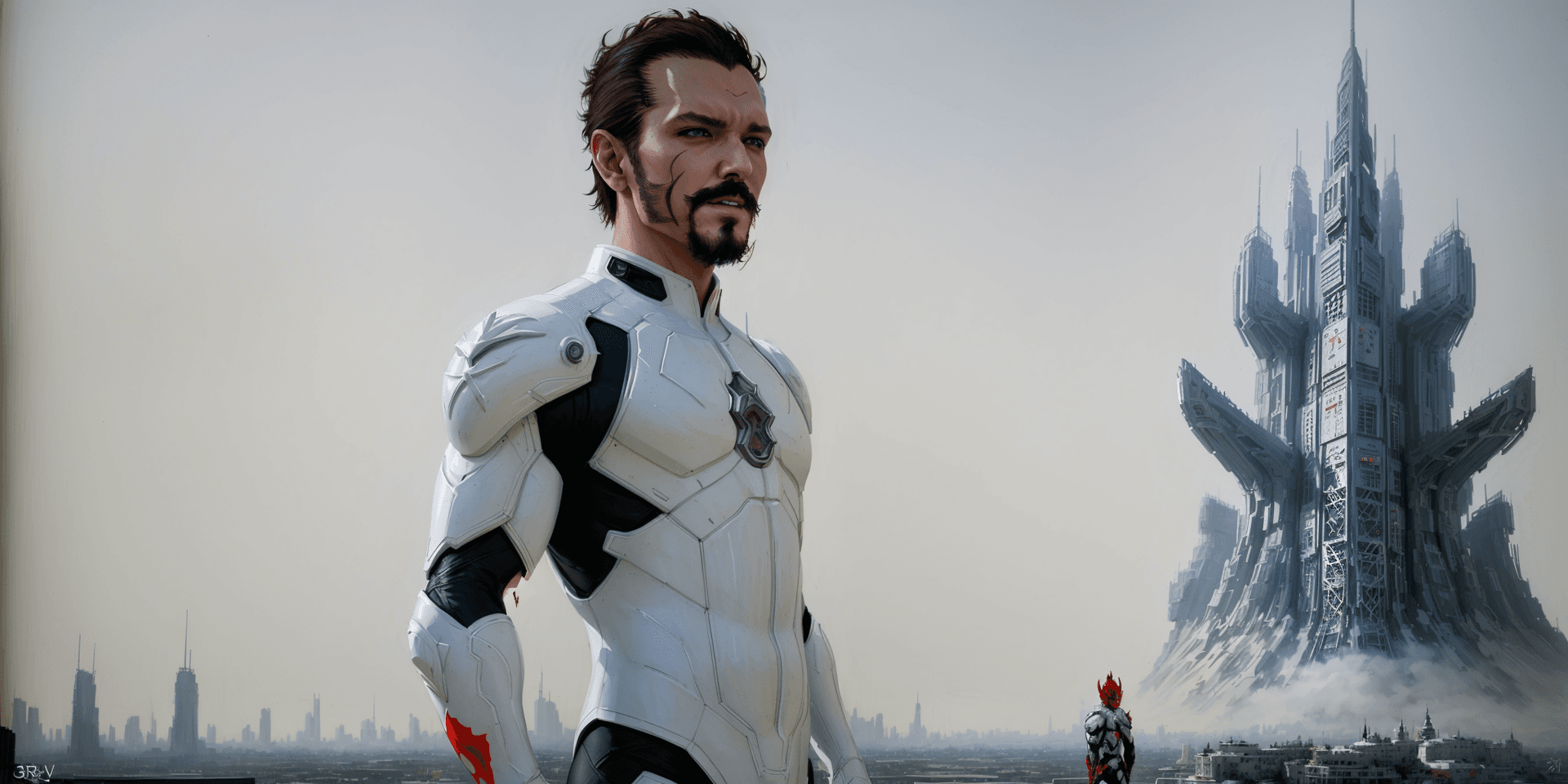 AI generated: light white nano suit futuristic armor, shiny chrome ( roji shinkawa style , greg rutowski style, pe...
