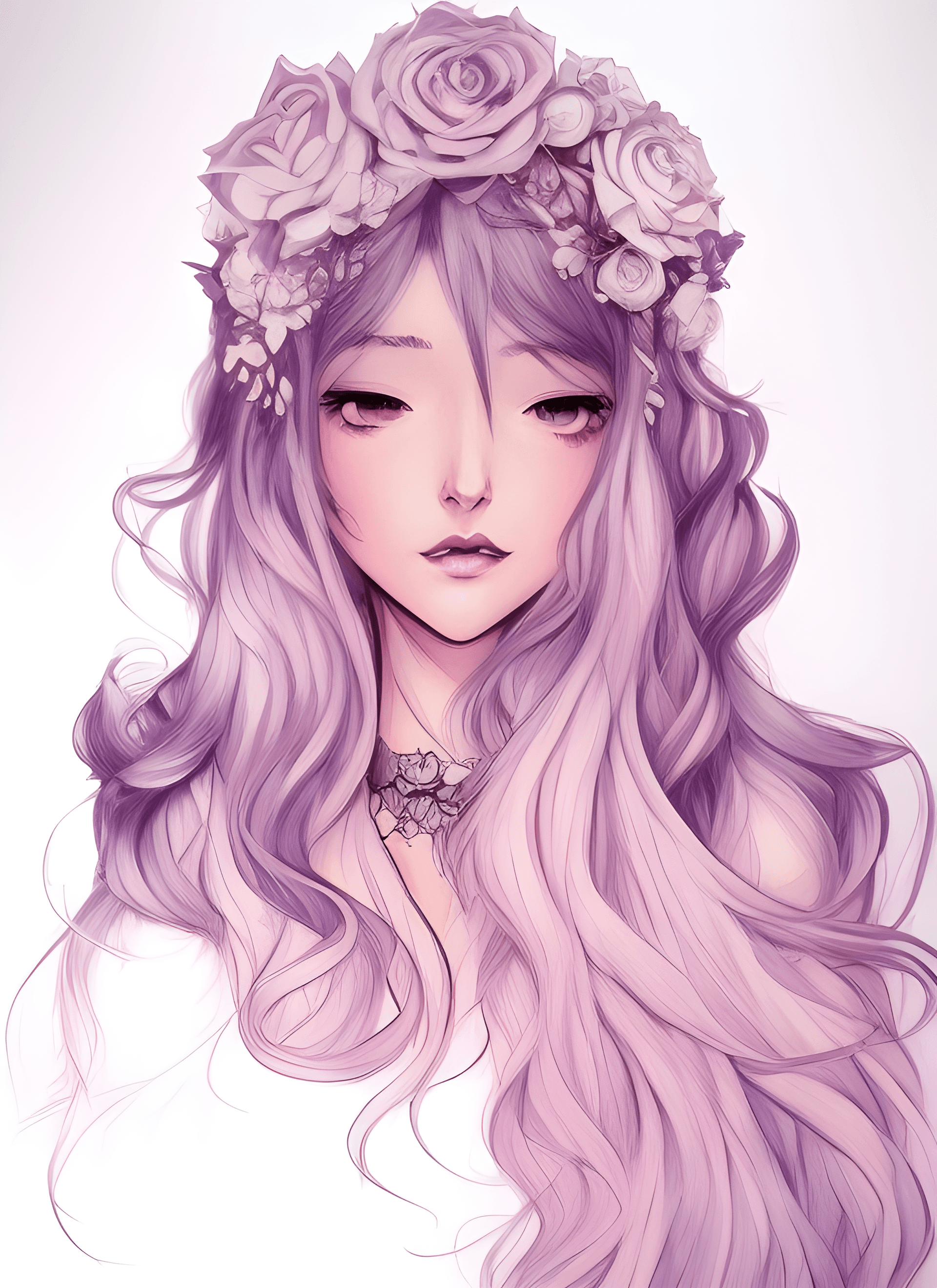 AI generated: a drawing of a woman with long purple hair and a flower crown, rossdraws pastel vibrant, loish art s...