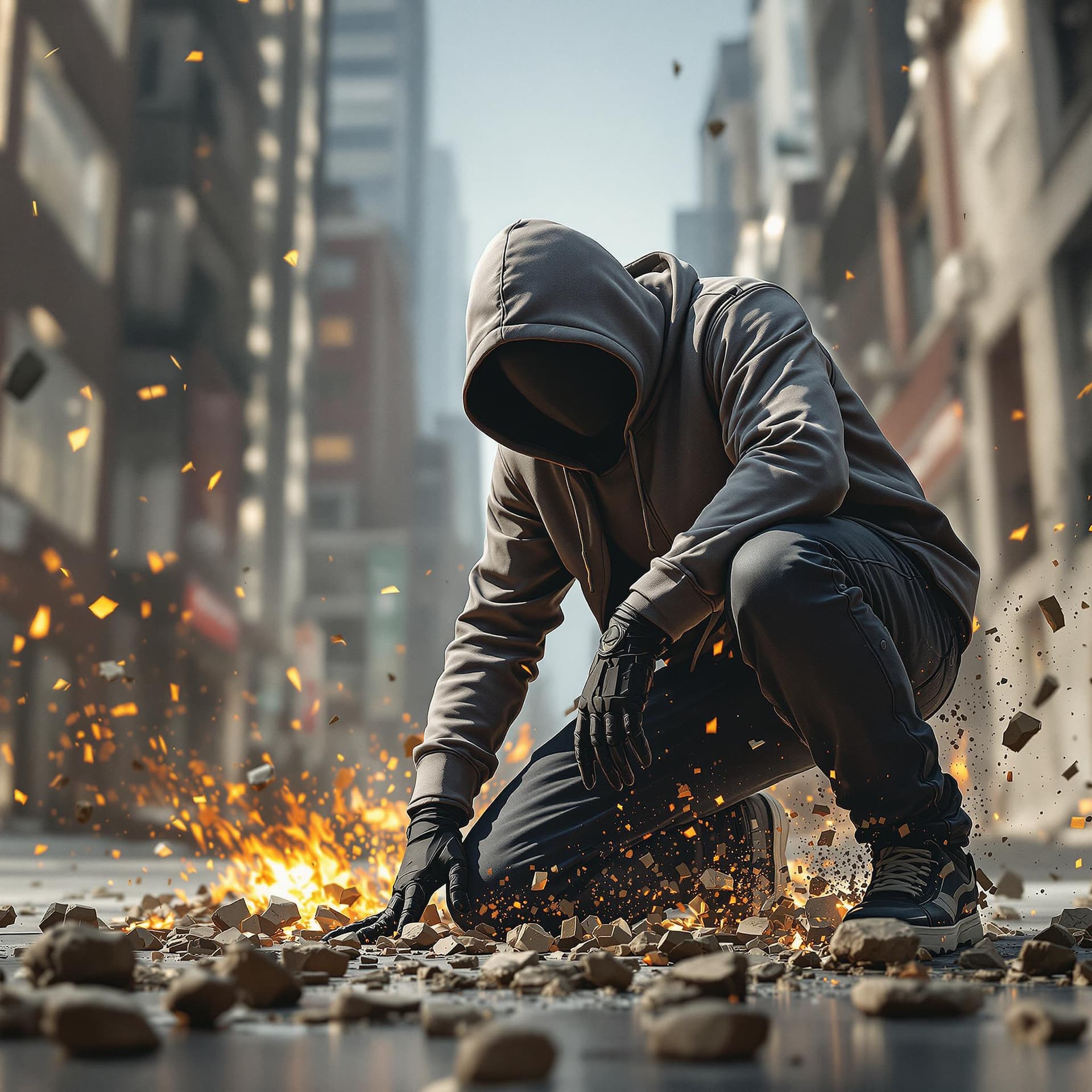 AI generated: hip hop urban man in hoodie kneeling in  the superhero landing pose and the ground breaking into pie...