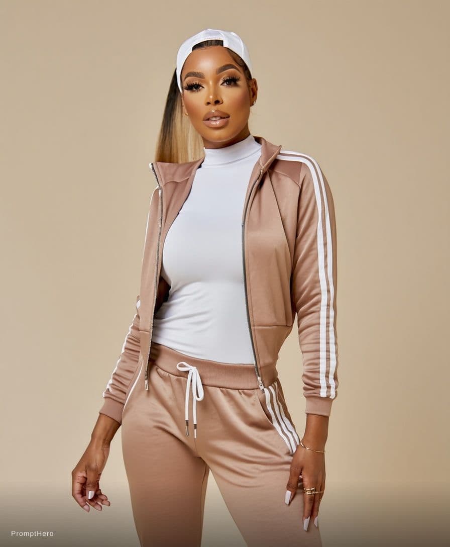 AI generated: Tracksuit, open-front, cleavage.