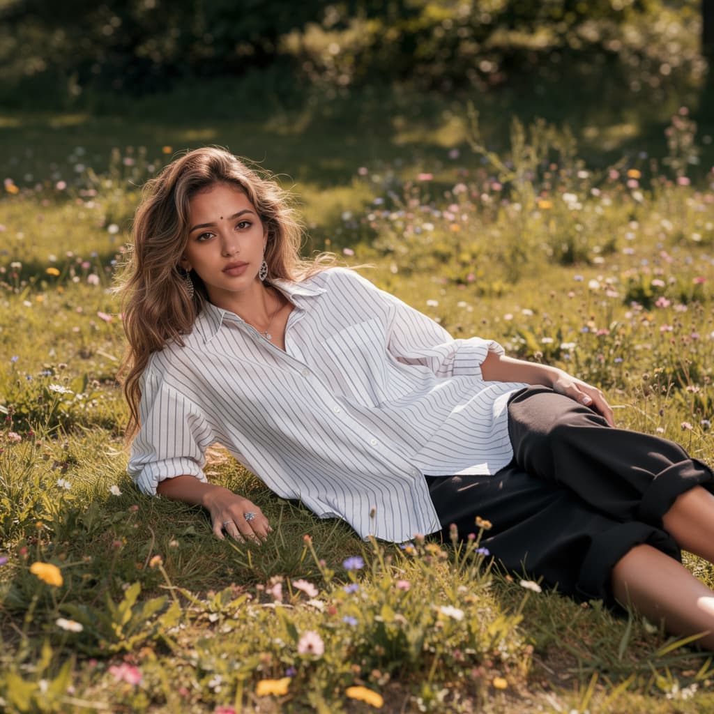 AI generated: A fit woman is lying on the grass in a field of wildflowers. She is wearing an oversized, loose-fitt...