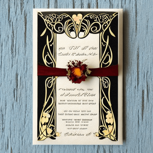 AI generated: Wedding invitations on a rectangular card. Art Nouveau style invitation with several flowers painted...