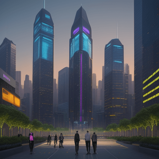 AI generated: A bustling futuristic city at dusk, with towering skyscrapers reflecting the setting sun. Autonomous...
