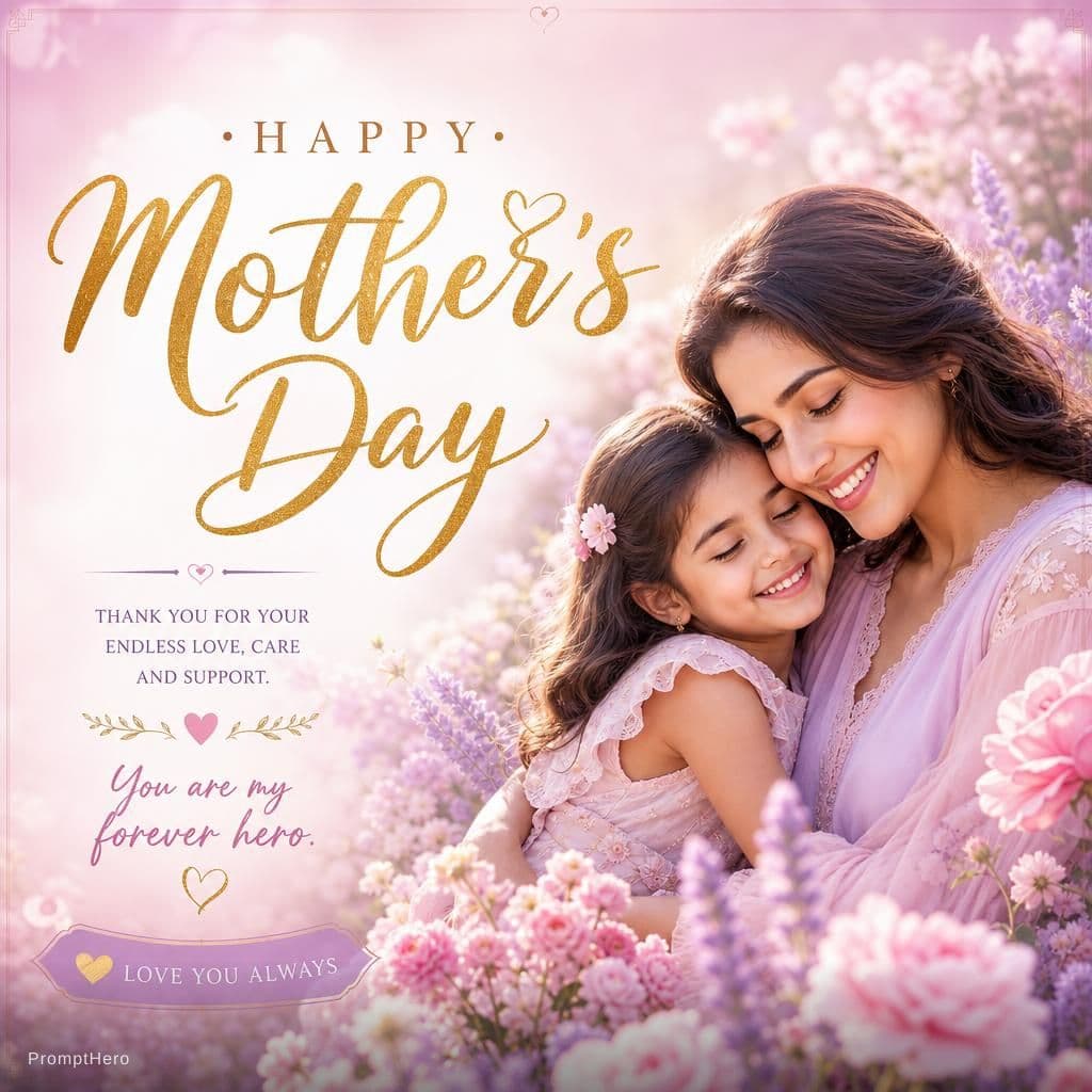 AI generated: [Mother's Day] wishes poster, featuring [a smiling mother and daughter in a blooming flower garden],...