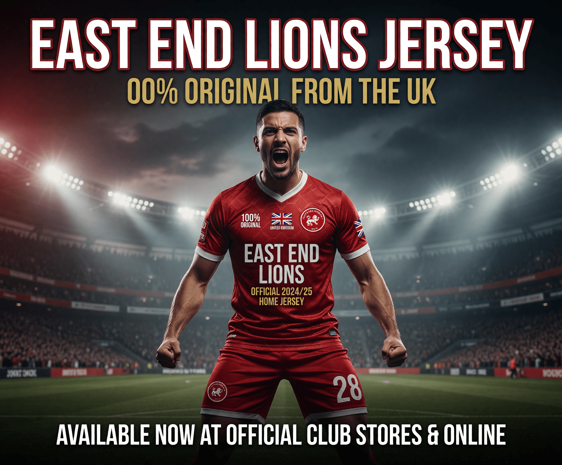 AI generated: 00% Original from the UK . East End Lions Jersey

generate a promotional flyer for the jersey