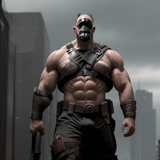 AI generated: a photo of Bane, with his strong muscles and towering height