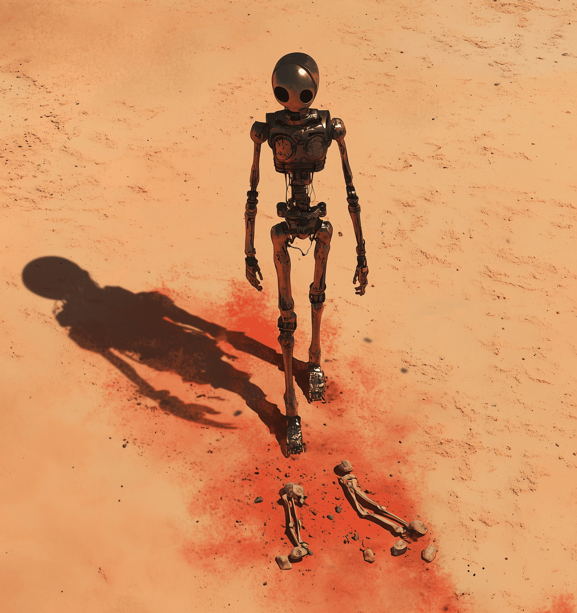 AI generated: A small humanoid robot walks on the desert, its shadow long and tall behind it. The ground below it ...