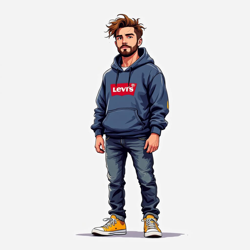 AI generated: Una ilustración de cuerpo entero en estilo de pegatina de un joven con cabello castaño y una barba l...