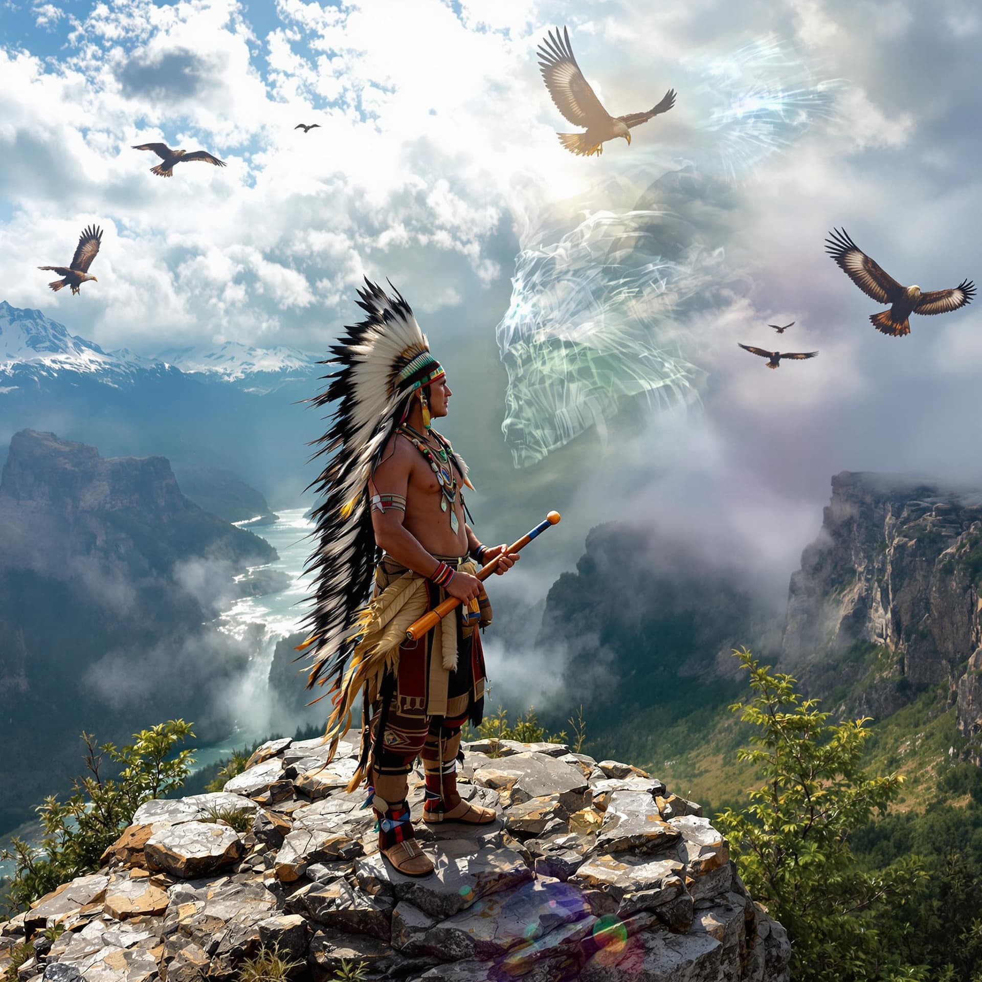 AI generated: A Native American chief in traditional Algonquin attire holding a calumet pipe on the edge of an anc...