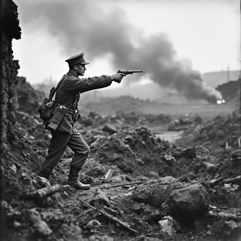 AI generated: A solider pointing gun at enemy in Warfield in 1919