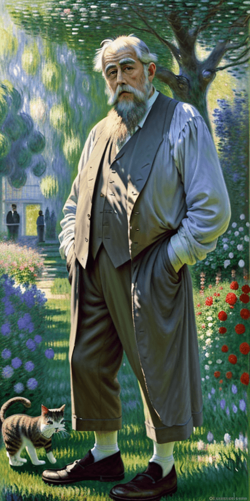 AI generated: Full height front view Portrait of old man Claude Monet standing near a tree and looking at the cat ...