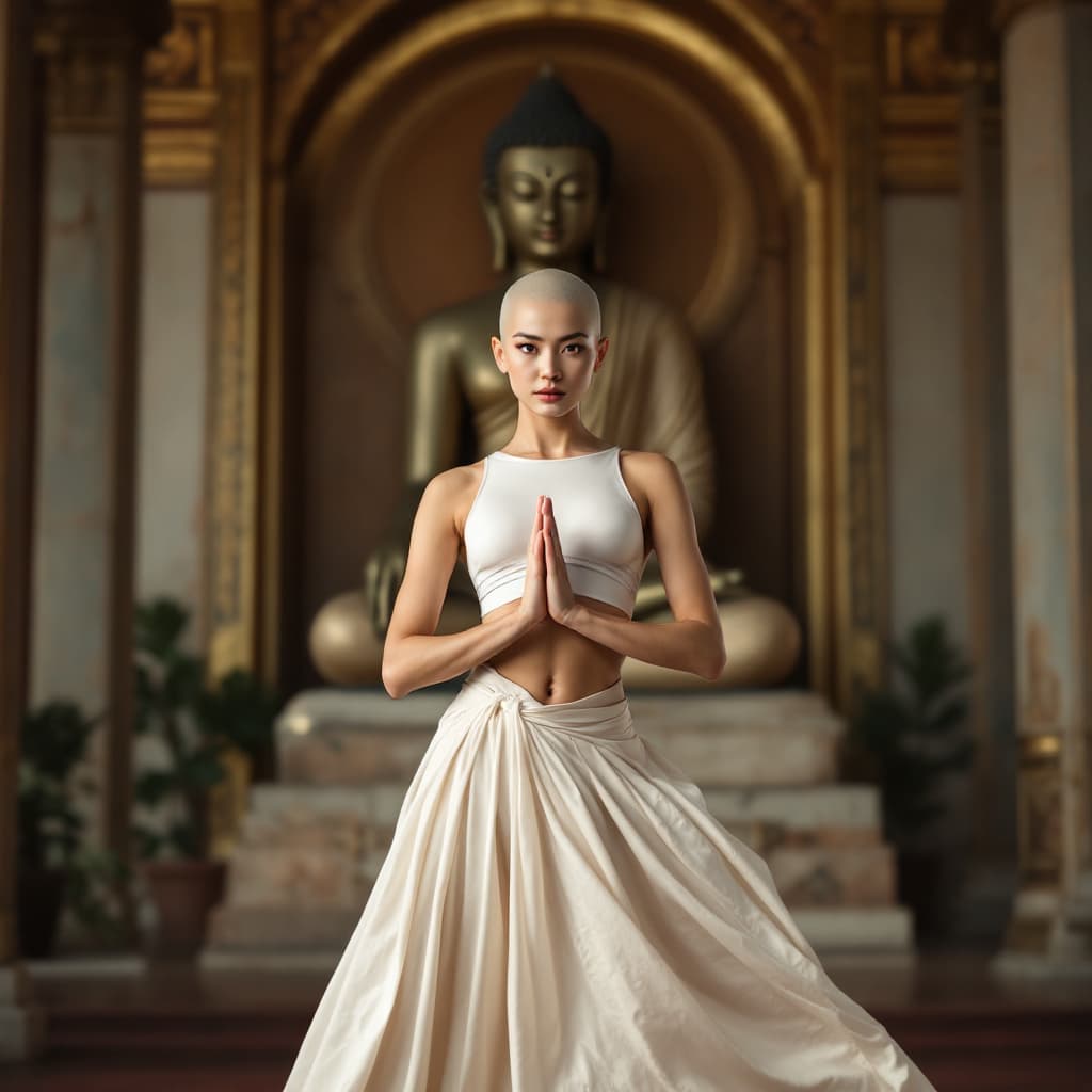 AI generated: Full body view of a bald beautiful asian woman, white minimal band covering the chest, white minimal...