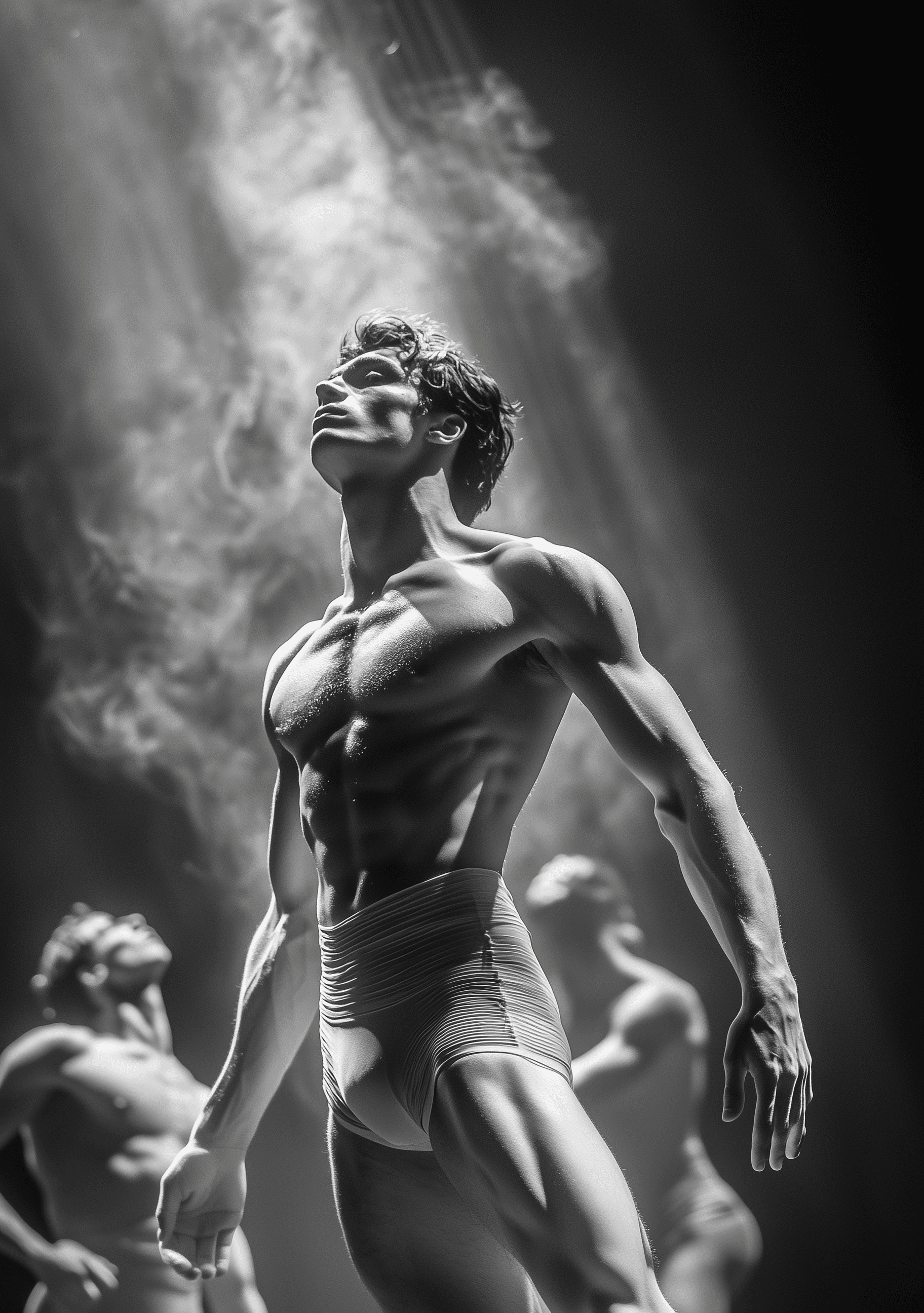 AI generated: A vintage black-and-white photograph of an American male ballet dancer in his mid-20s, captured by p...