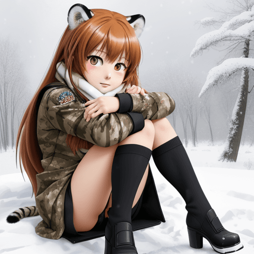 AI generated: chibi style, taiga aisaka, anime, sit on snowy camouflage  tank and hug herself, winter red school u...