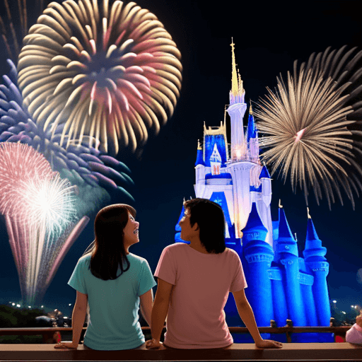 AI generated: Disney Castle fireworks, a couple, Asian descent, watching fireworks, love, happiness.