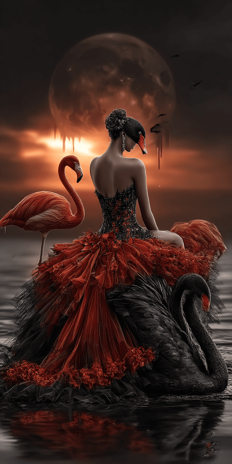 AI generated: A black swan and flamingos, back view of an elegant woman in red dress sitting on the necks, dark fa...
