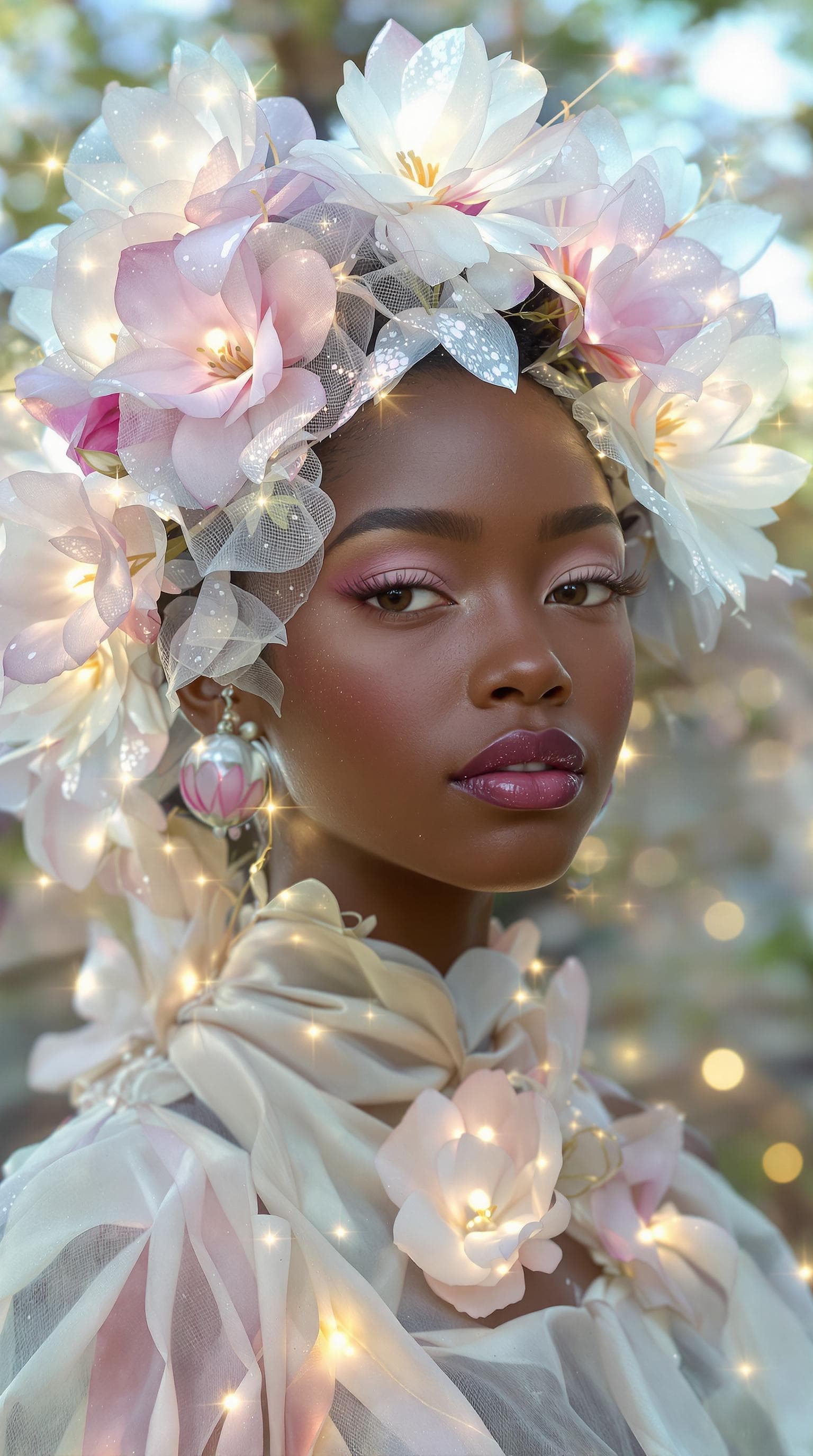 AI generated: A radiant African fairy-like girl with delicate and innocent facial features, soft pastel-colored ha...
