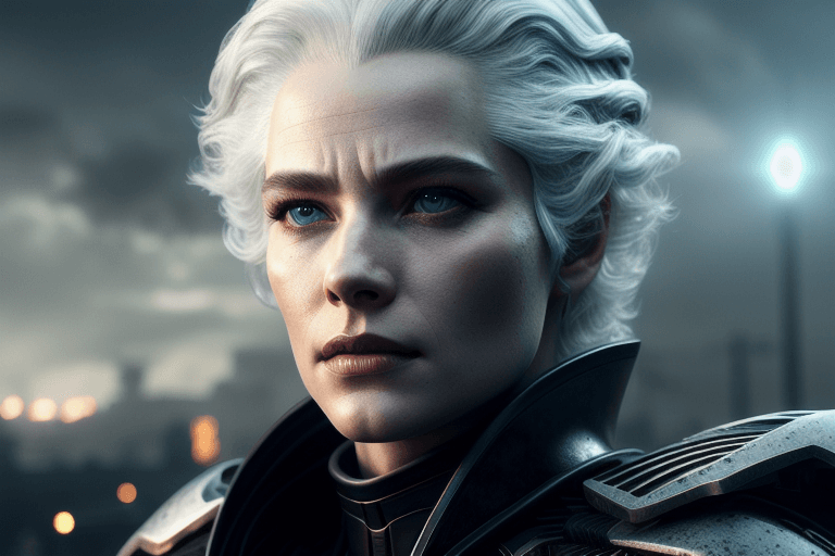 AI generated: a beautiful white-haired queen, future themed, ((wearing black formal clothes, black mechanical outf...