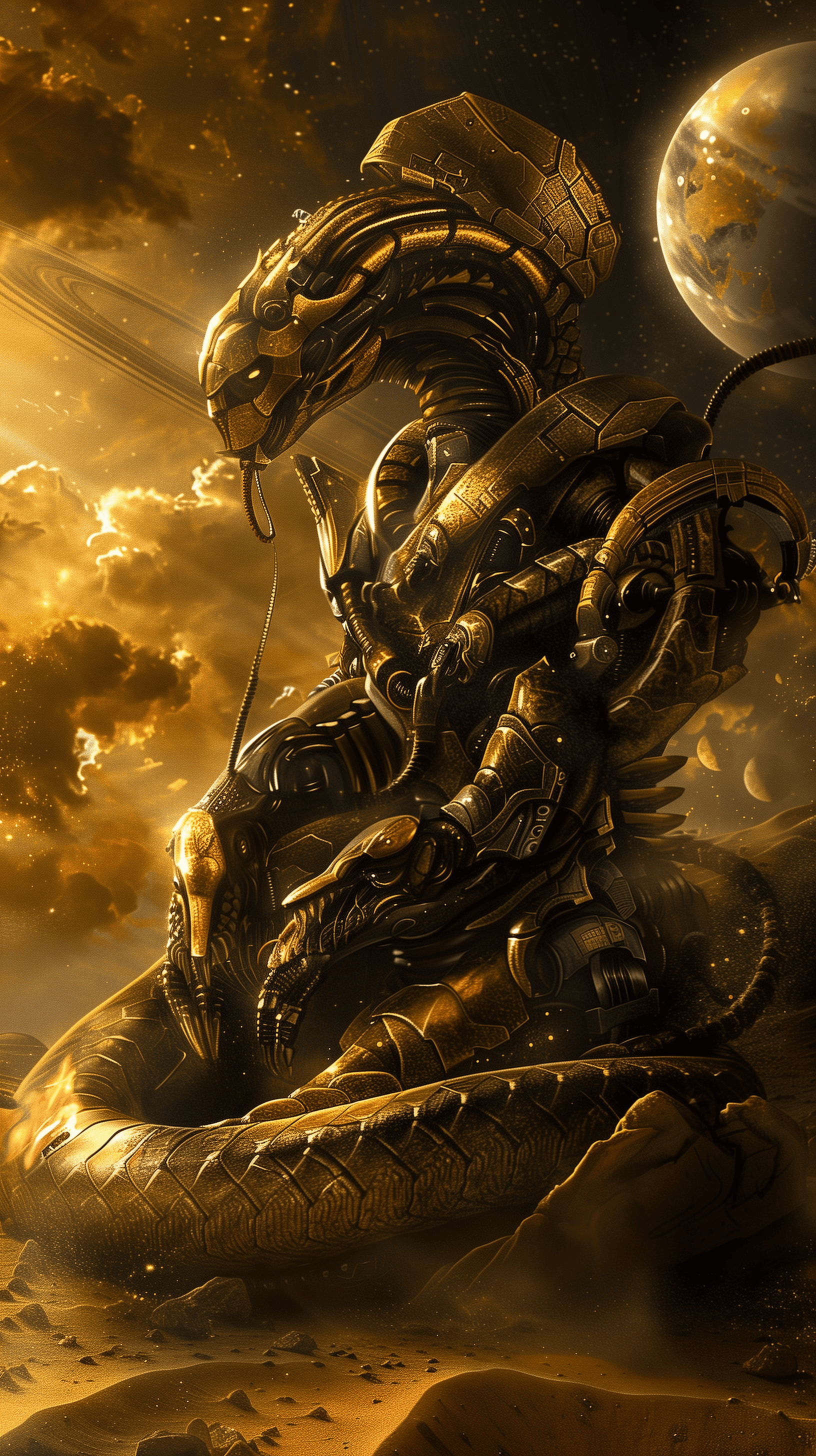AI generated: A surreal digital artwork of an anaconda wearing a golden steampunk helmet and holding mechanical sk...