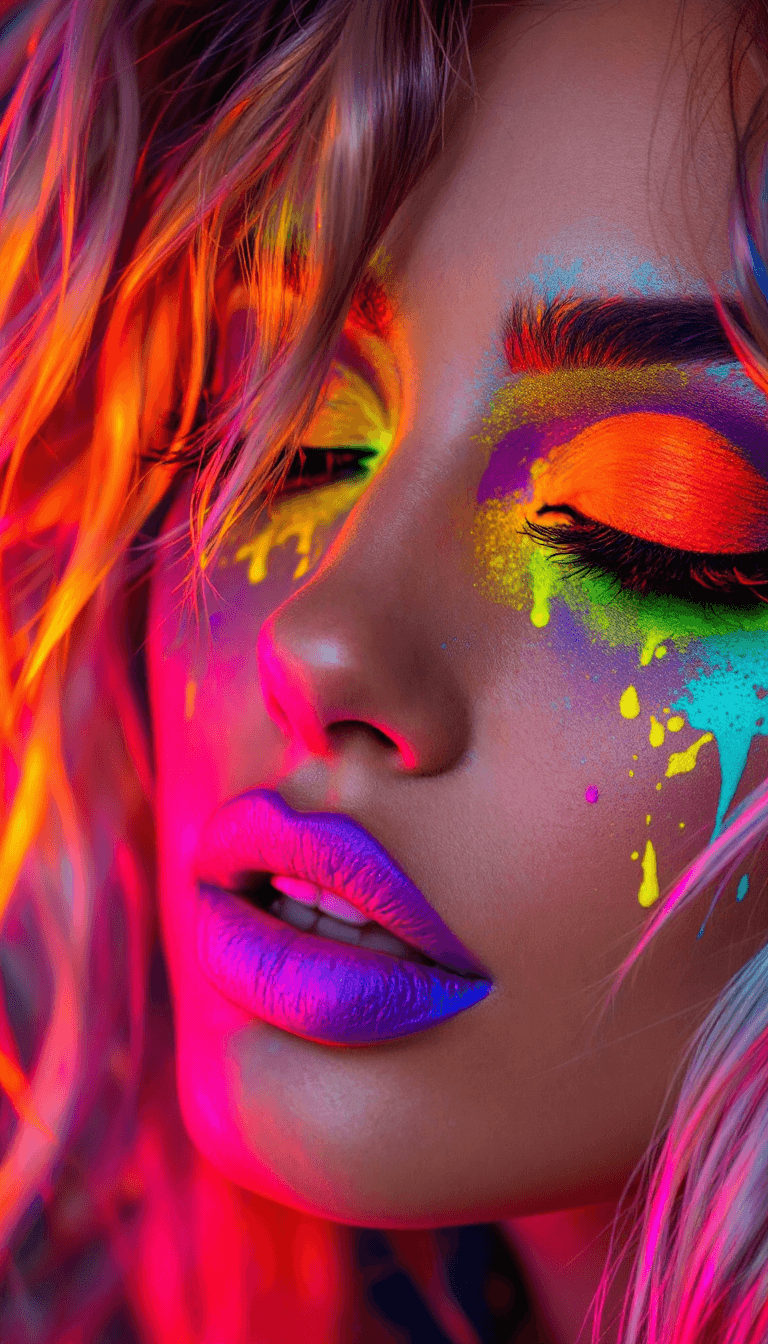 AI generated: A vibrant and attention-grabbing look using bright neon colors on the eyes, lips, or cheeks to creat...