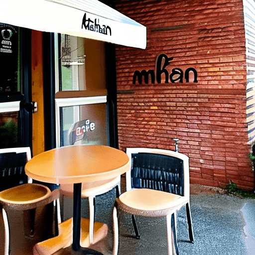 AI generated:  full picture of coffee shop with MaiHan as name, front door view, chairs and table
