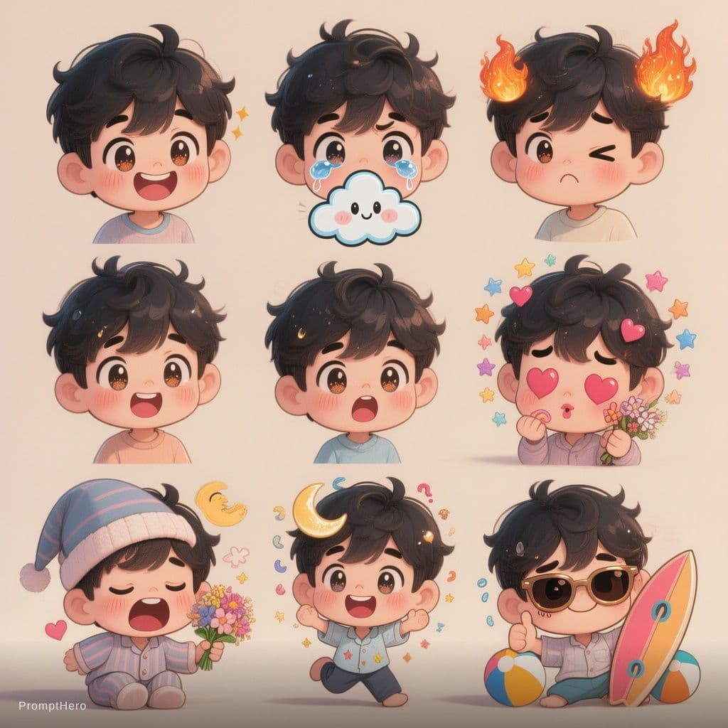 AI generated: **Image Prompt:**
"Create a set of 10 adorable chibi-style emojis featuring a cute boy with glossy b...