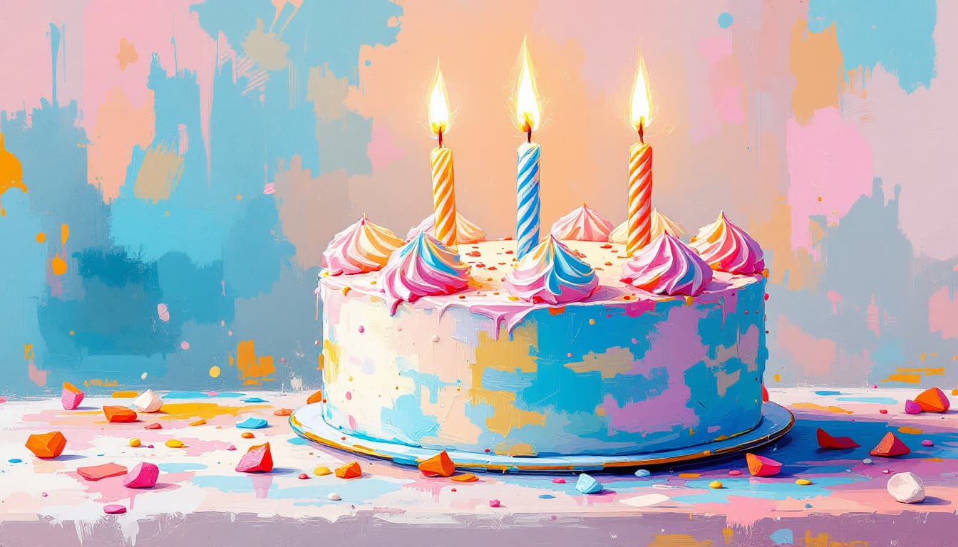 AI generated: A vibrant, abstract impressionist painting of a birthday cake with lit candles. The cake has pastel ...