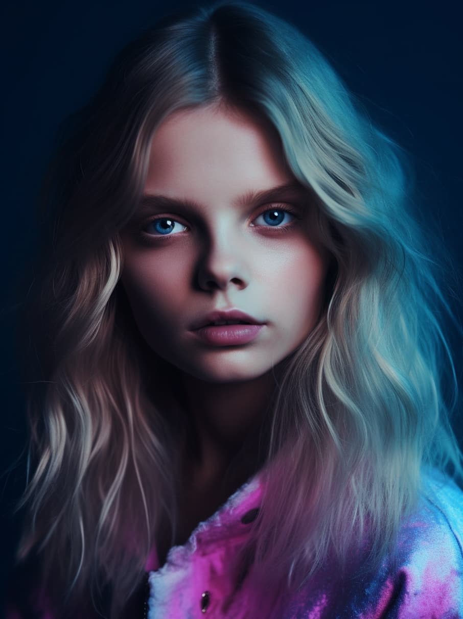 AI generated: a woman with long blonde hair and blue eyes, by Peter Alexander Hay, tumblr, pop art, dafne keen, pi...