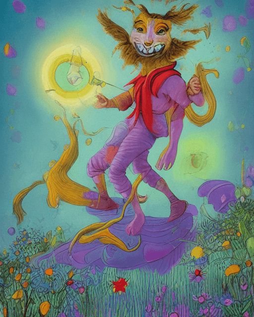 AI generated: An image of a whimsical Fool Tarot Card character frolicking through a vibrant meadow, bathed in eth...