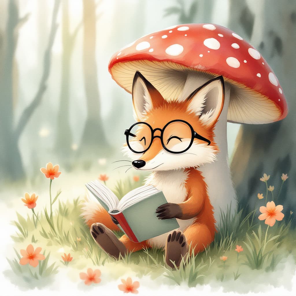AI generated: A curious fox wearing glasses reading a book under a mushroom, watercolor style, soft pastel colors,...