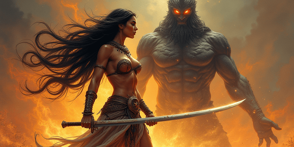 AI generated:  (masterpiece, ultra-detailed, hand-drawn, Boris Vallejo style, Levantine warrior woman, sinister et...