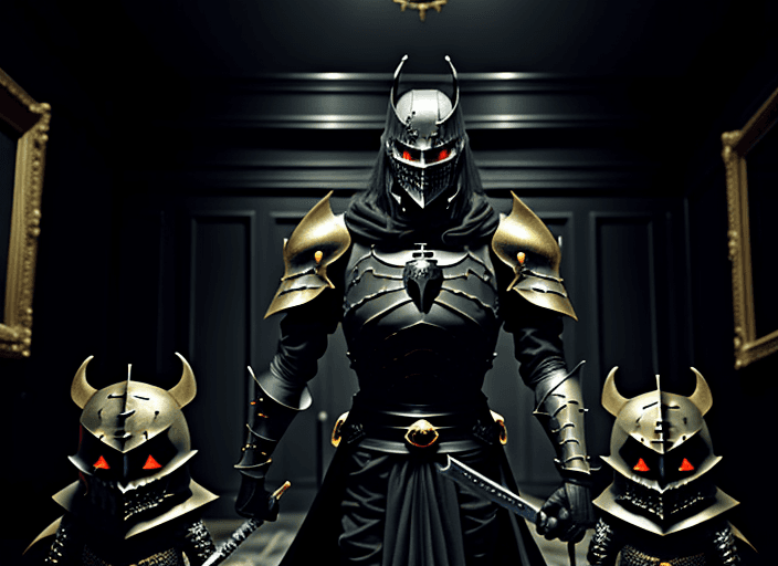 AI generated: spooky vibes anime black knight with gold sword at his side in a darck room. with monsters inside wa...