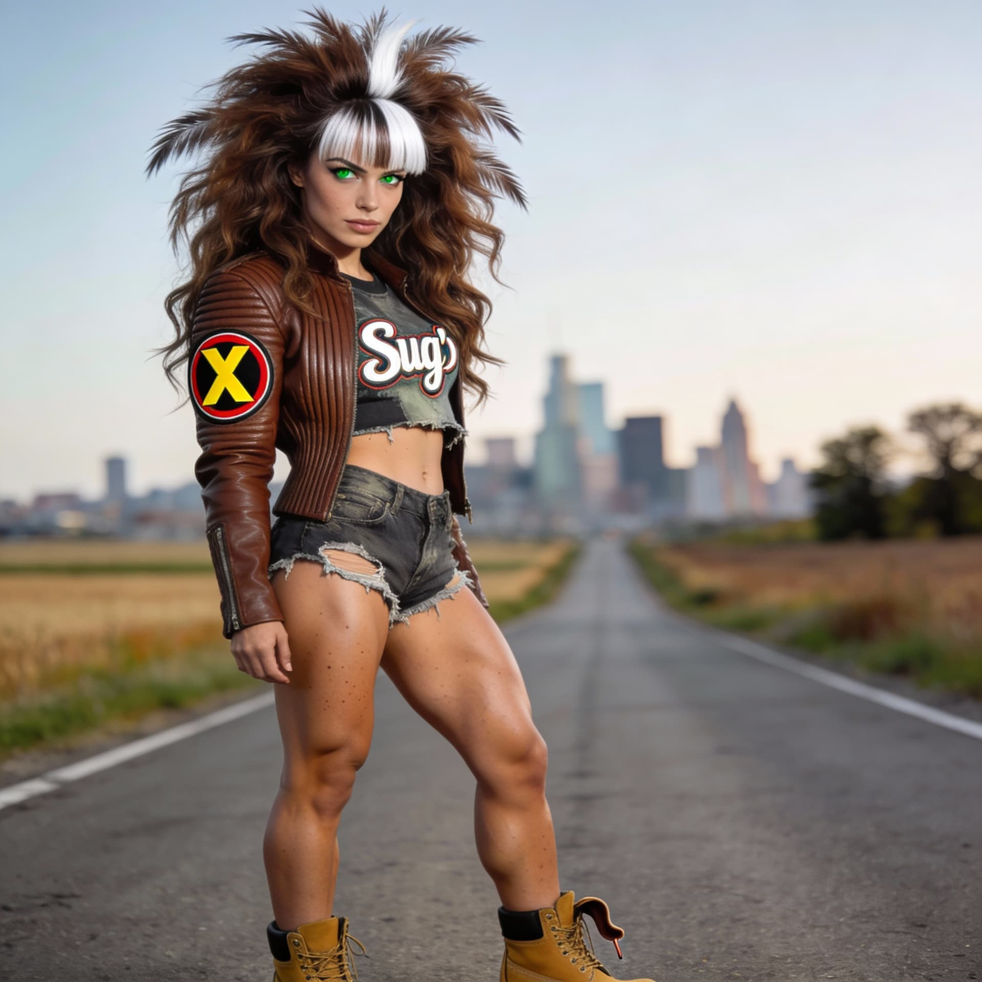 AI generated: A real life Rogue from X-Men, she should have a long, wavey, highly stylized, voluminous 80s-inspire...
