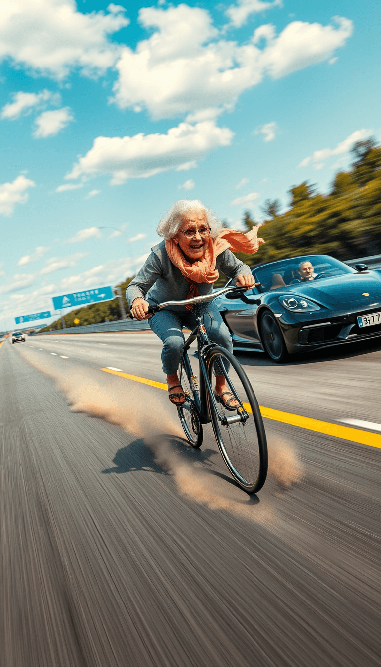 AI generated: The image depicts a humorous and surreal scene on a highway. An elderlywoman is riding a classic bic...