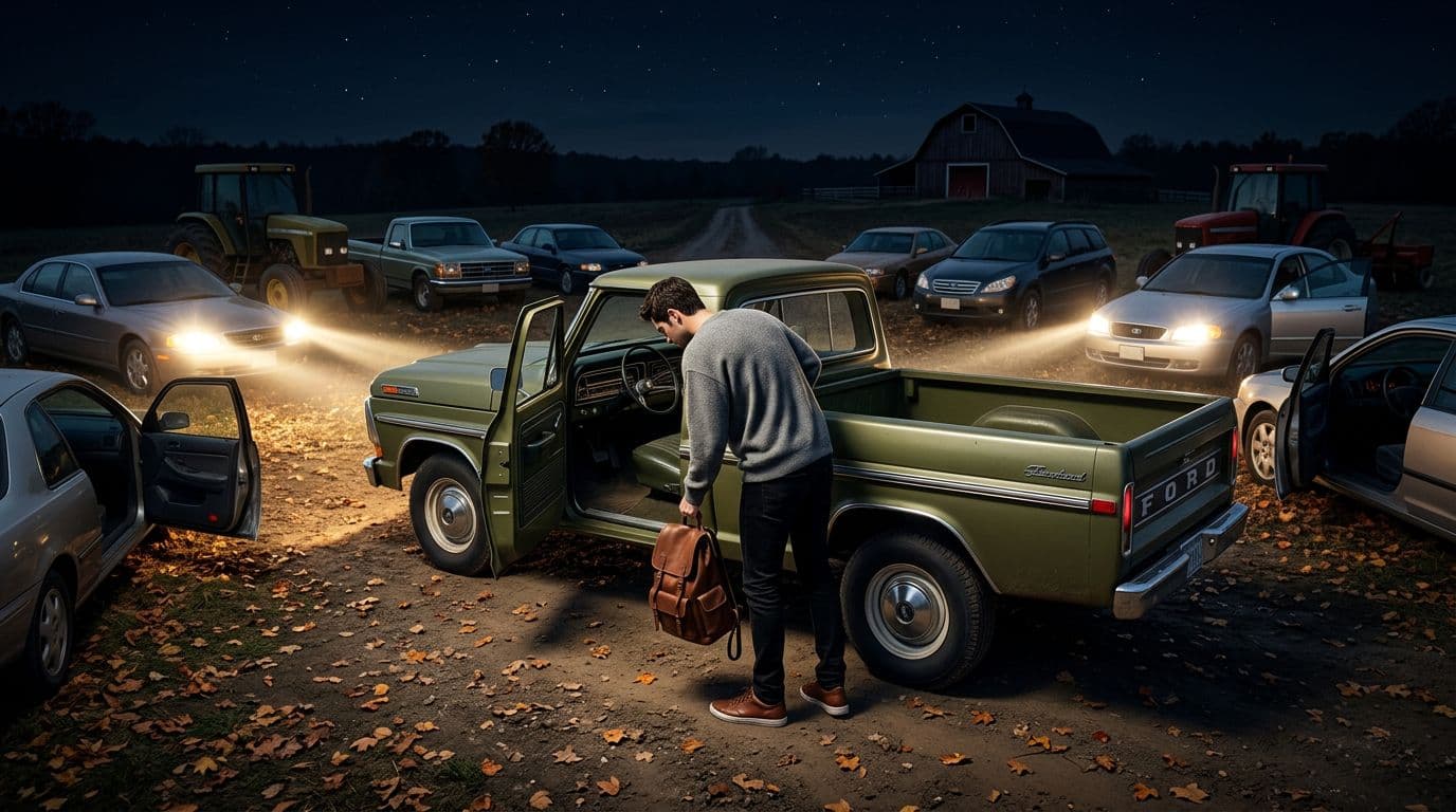 AI generated: In an Autumn night at a ranch. The vintage olive green Ford pick up truck is parked between nine car...