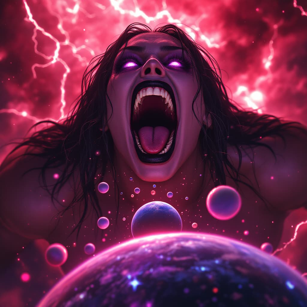 AI generated: enormous giantess Rhea Ripley  from WWE
bigger than a galaxy floating in space, minuscule planets in...