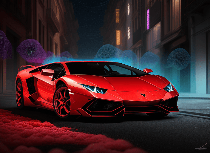 AI generated: The Lamborghini Red car is a translucent fractal ramship emitting a glowing shell of azure lightning...