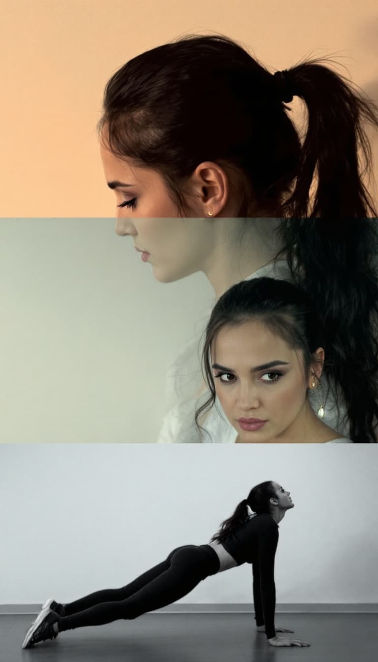 AI generated: Polarized photo , Jennifer Connelly,ponytail hairstyle, pushup pose. different sequence.