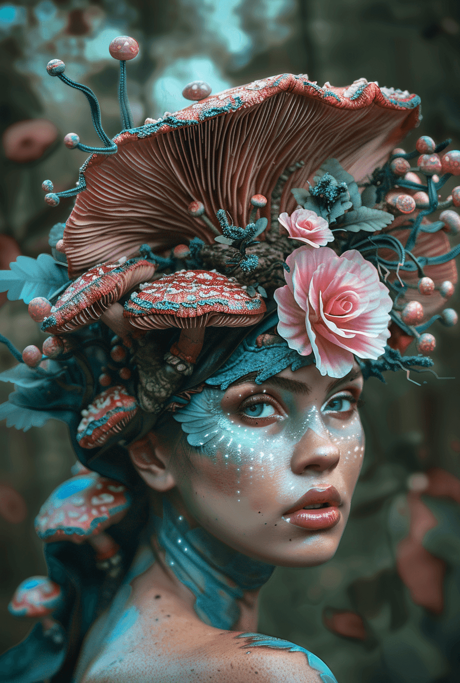 AI generated: a woman with a mushroom mane with a pink flower on her head, in the style of fantastical, otherworld...