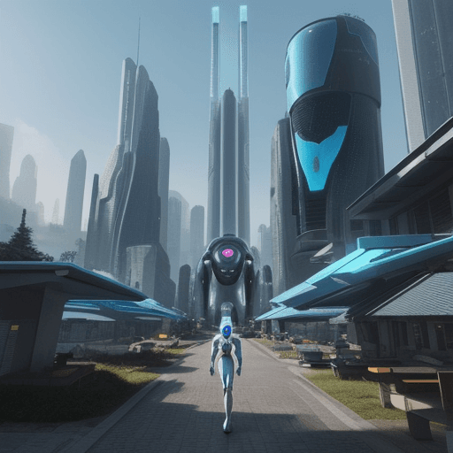 AI generated: futuristic and dreamy town scenery with androids and roboters 