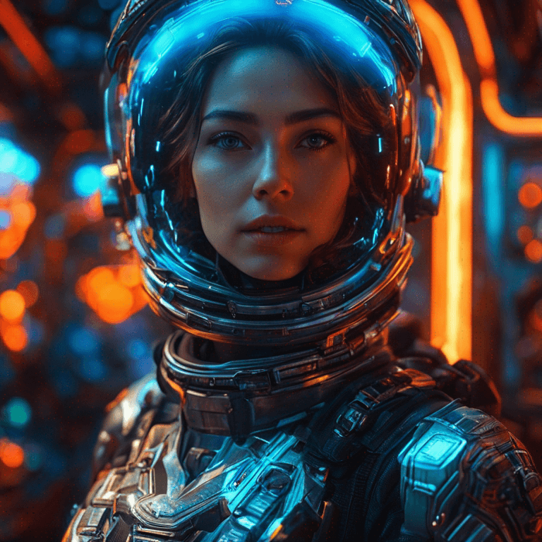 AI generated: ultra-detailed female space ranger in cybernetic armor on a space station, neon lights reflections, ...