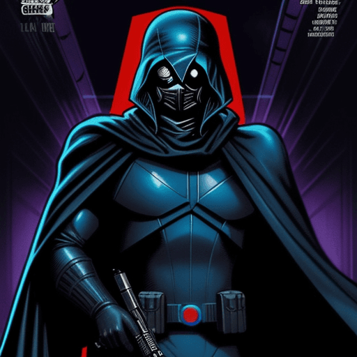 AI generated: dark vintage sci-fi, neonoir comic book cover, cobra commander with a laser sword , black suit. dyna...