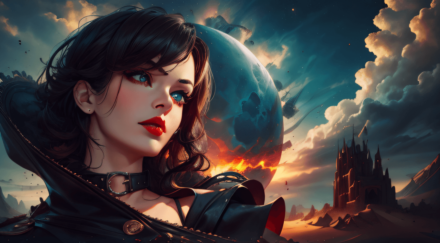 AI generated: 1 girl, ig model, looking far away, hand in her hair, wearing a cape, lewd face, sexy, cleavage, bro...