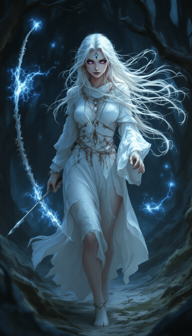 AI generated: The Spectral Huntress: A haunting and resilient warrior with long, platinum blonde hair, often adorn...