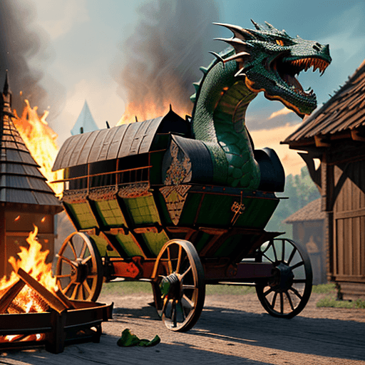 AI generated: Ultra realistic photo, medieval wagon with front facing fabricated wooden green roaring dragon head!...