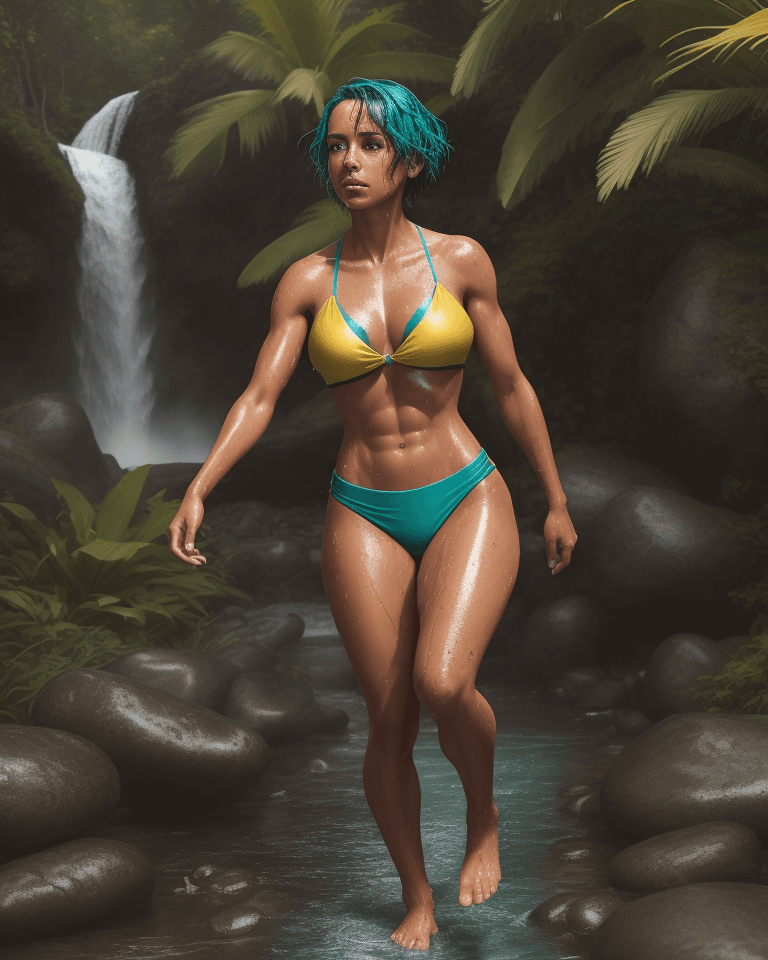 AI generated: Full body, Latina, tan, abs, soaking wet, short teal hair, freckles, excited, she is walking up a pa...