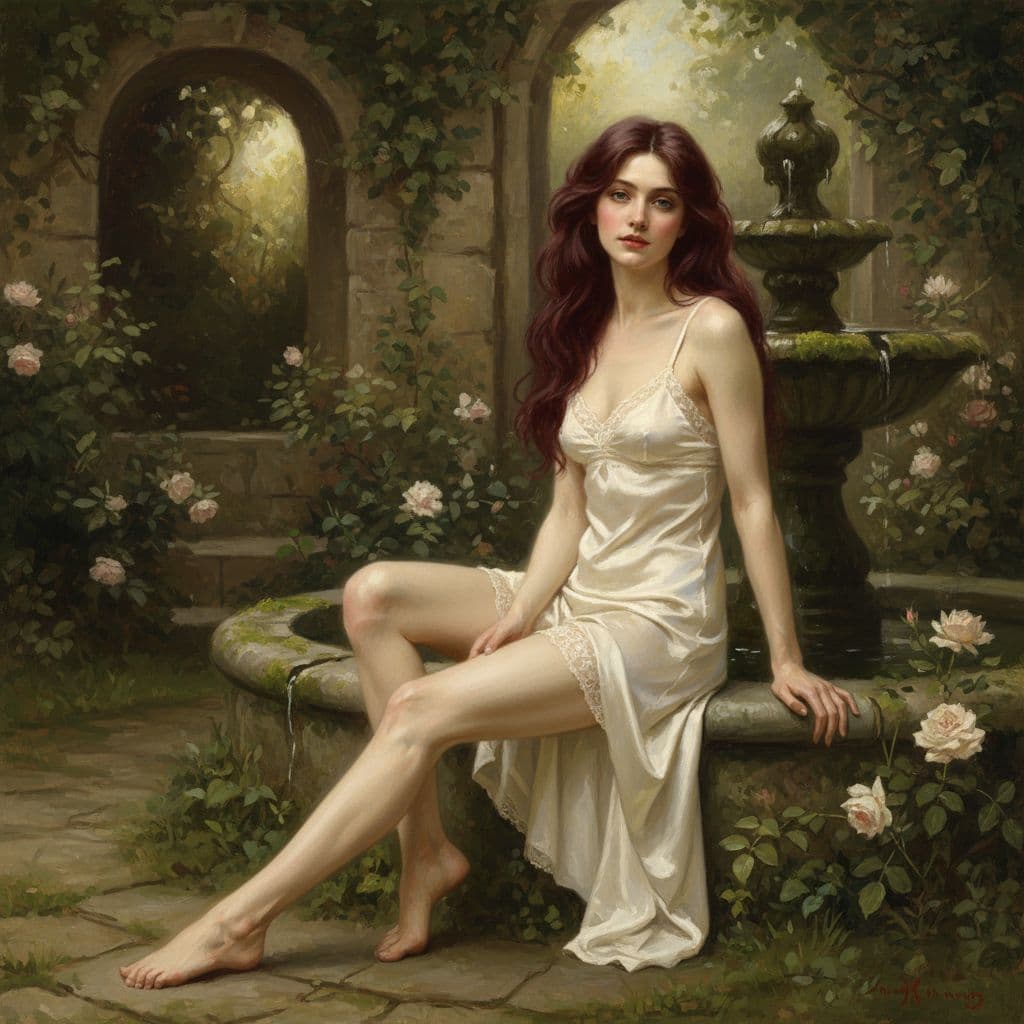 AI generated: A young female sits gracefully beside an old stone fountain in an overgrown Renaissance garden, the ...