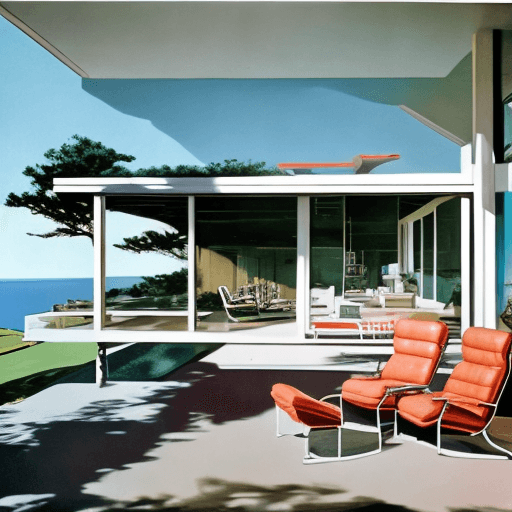 AI generated: Hyper realistic eye level exterior photo of a mid century modern style house overlooking the ocean, ...