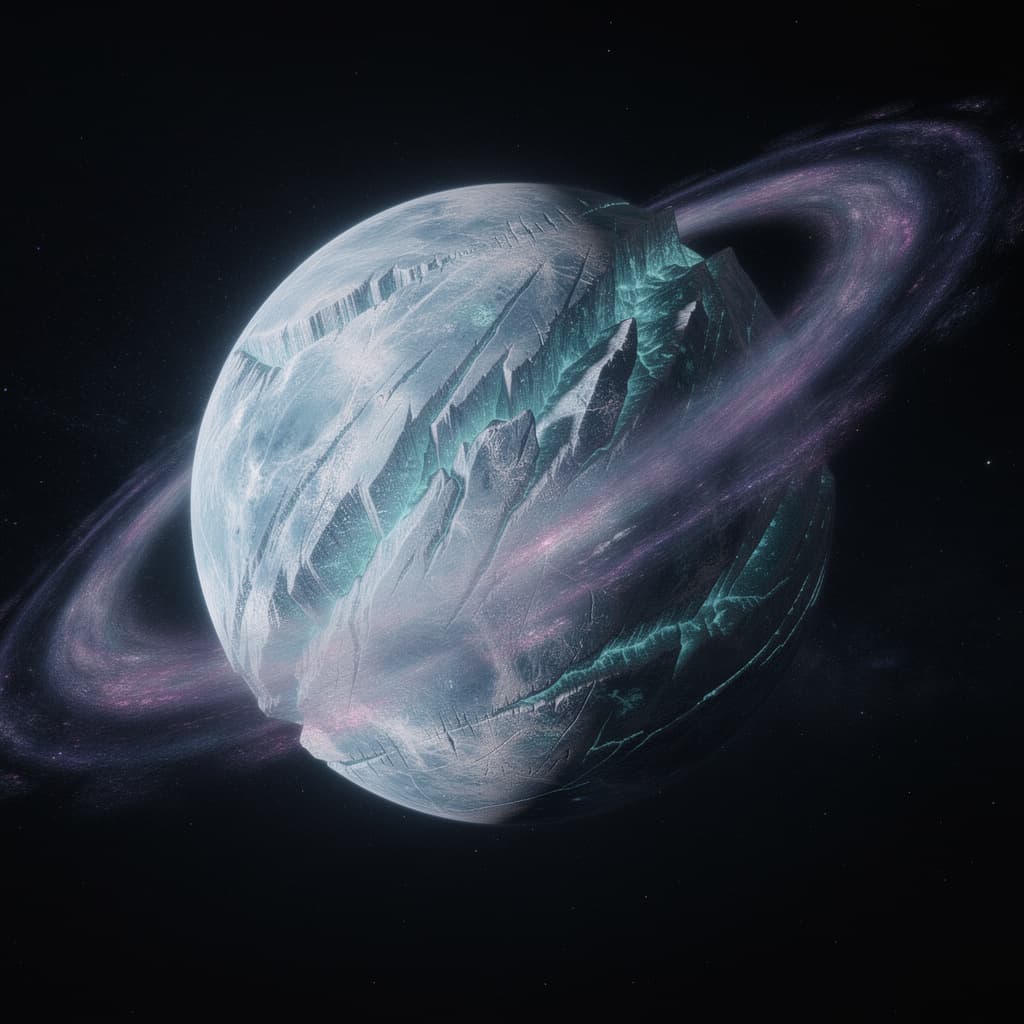 AI generated: Create a Sci-Fi image of a planet. A Rogue Ice World, Planet. Within the Void of Space.

Do not use ...